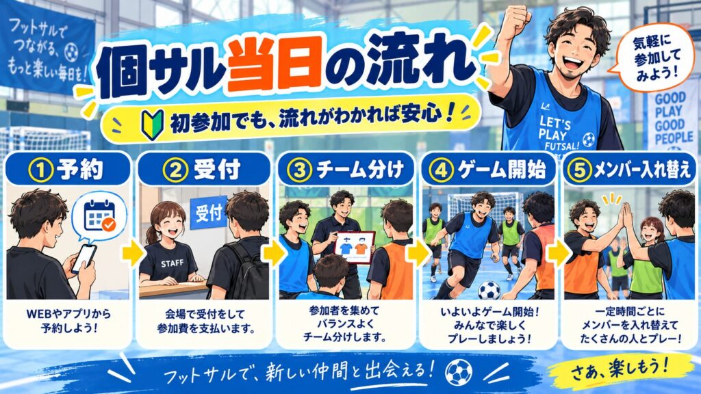 ChatGPT Image 2026年9月7日 15 47 12 5 1024x576 - 【1人でも参加OK】フットサルの個人参加「個サル」とは？初心者向けに参加方法や楽しみ方を解説