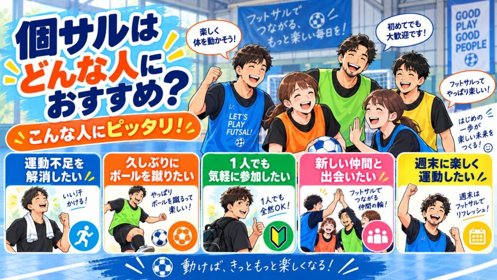 ChatGPT Image 2026年9月7日 16 00 02 1 1 1024x576 - 【1人でも参加OK】フットサルの個人参加「個サル」とは？初心者向けに参加方法や楽しみ方を解説