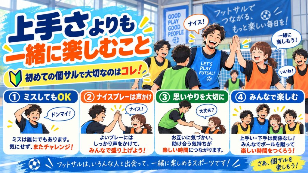 ChatGPT Image 2026年9月7日 16 00 02 2 1024x576 - 【1人でも参加OK】フットサルの個人参加「個サル」とは？初心者向けに参加方法や楽しみ方を解説